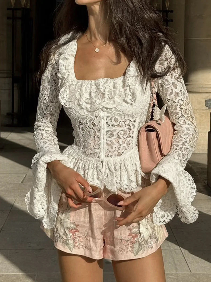 White Lace Flare Long Sleeve  Blouses Shirts Women Ruffles Elegant Vintage Autumn Square Neck Blouse Shirt Slim Ladies Blusas