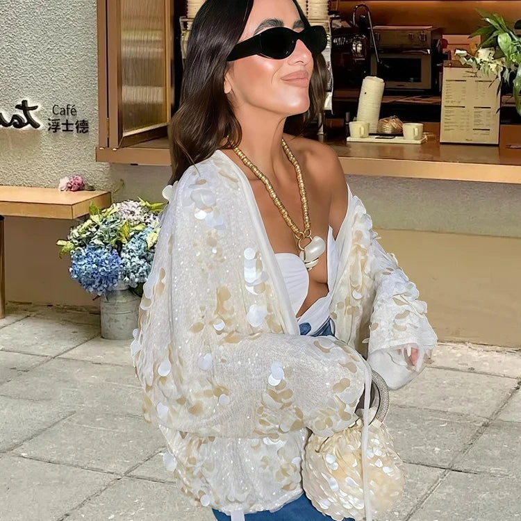 Boho Chiffon Sequin Splicing Jackets Women's Blouses Shirts Oversize Loose Long Sleeve Holiday Jacket Lace-up Beach Wear Outfit