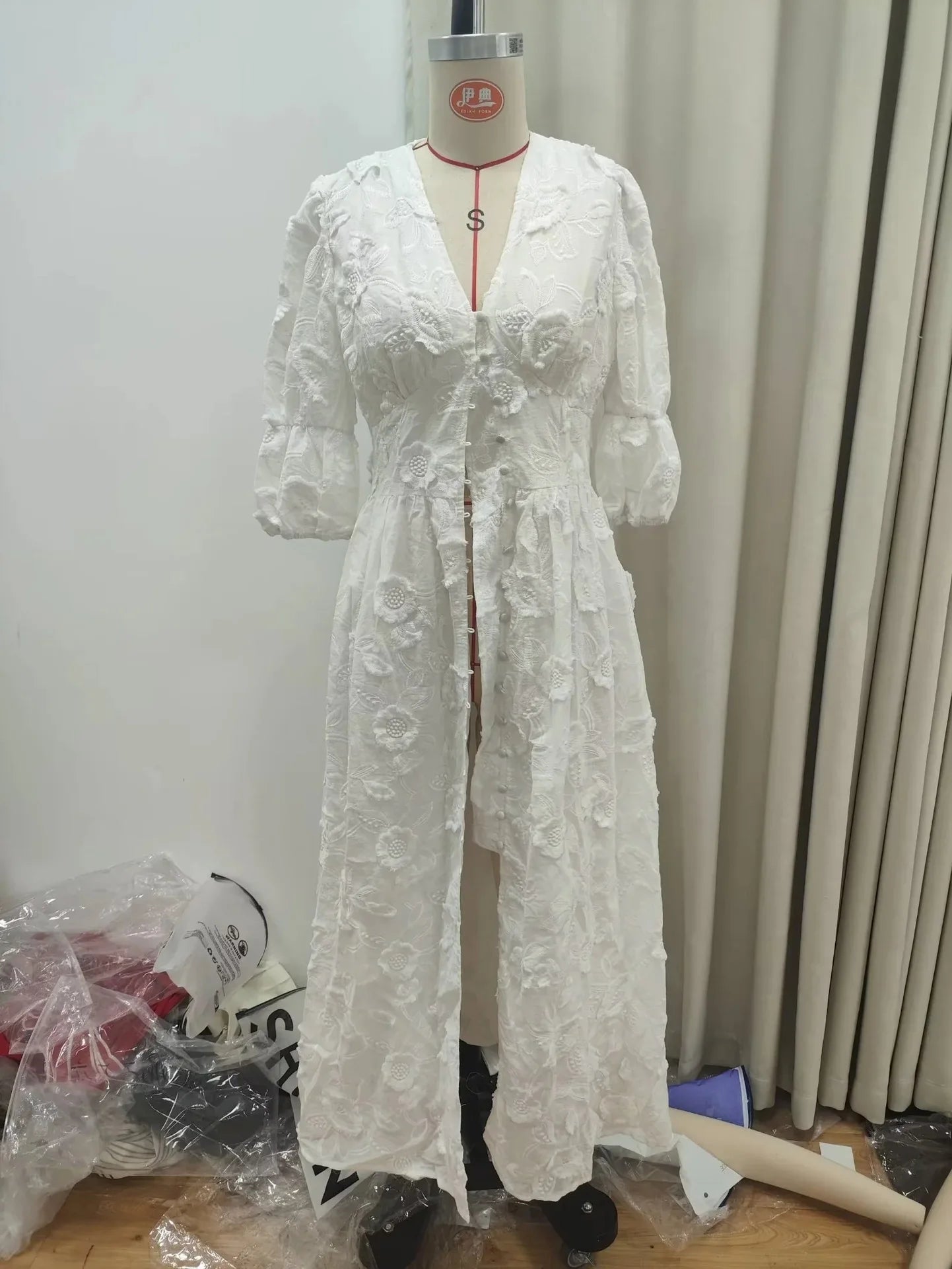Vintage Women Dresses 3D Flower Embroidery Boho Beach Holiday Long Dress Puff Sleeve Robe Casual Elegant Summer Spring Vestidos