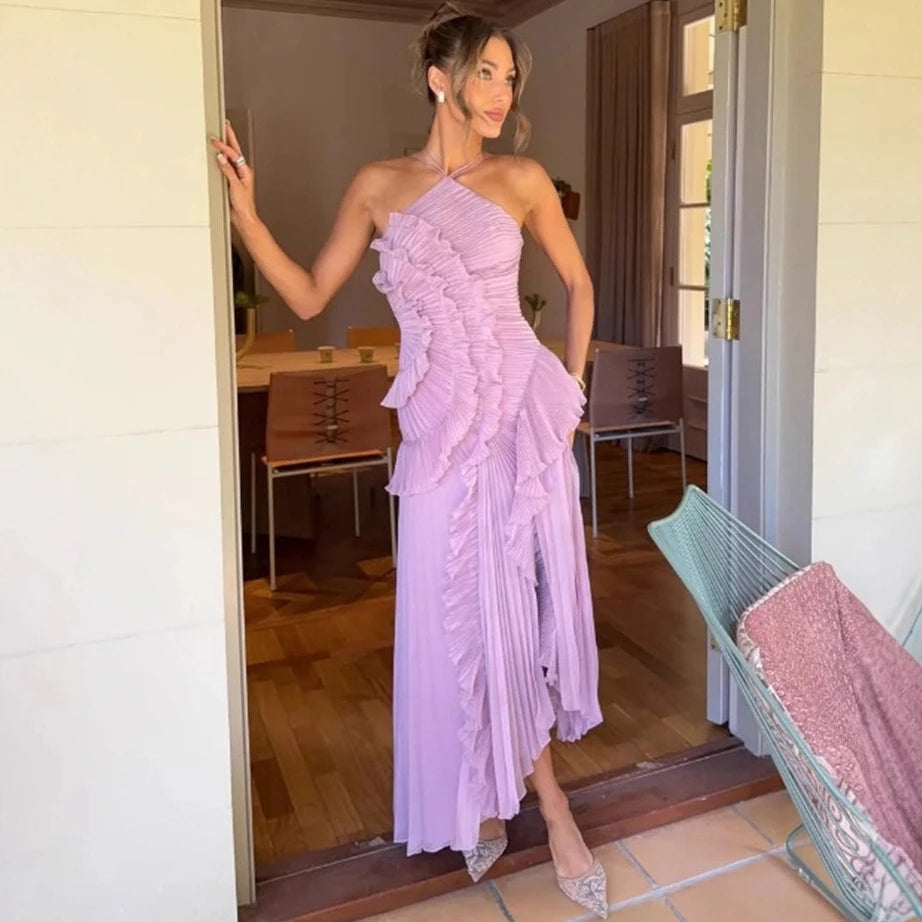 Elegant Chiffon Pleated Party Maxi Dresses Women Summer Neck-mounted Irregular Hem Sleeveless Dress Long Slim Ladies Vestidos
