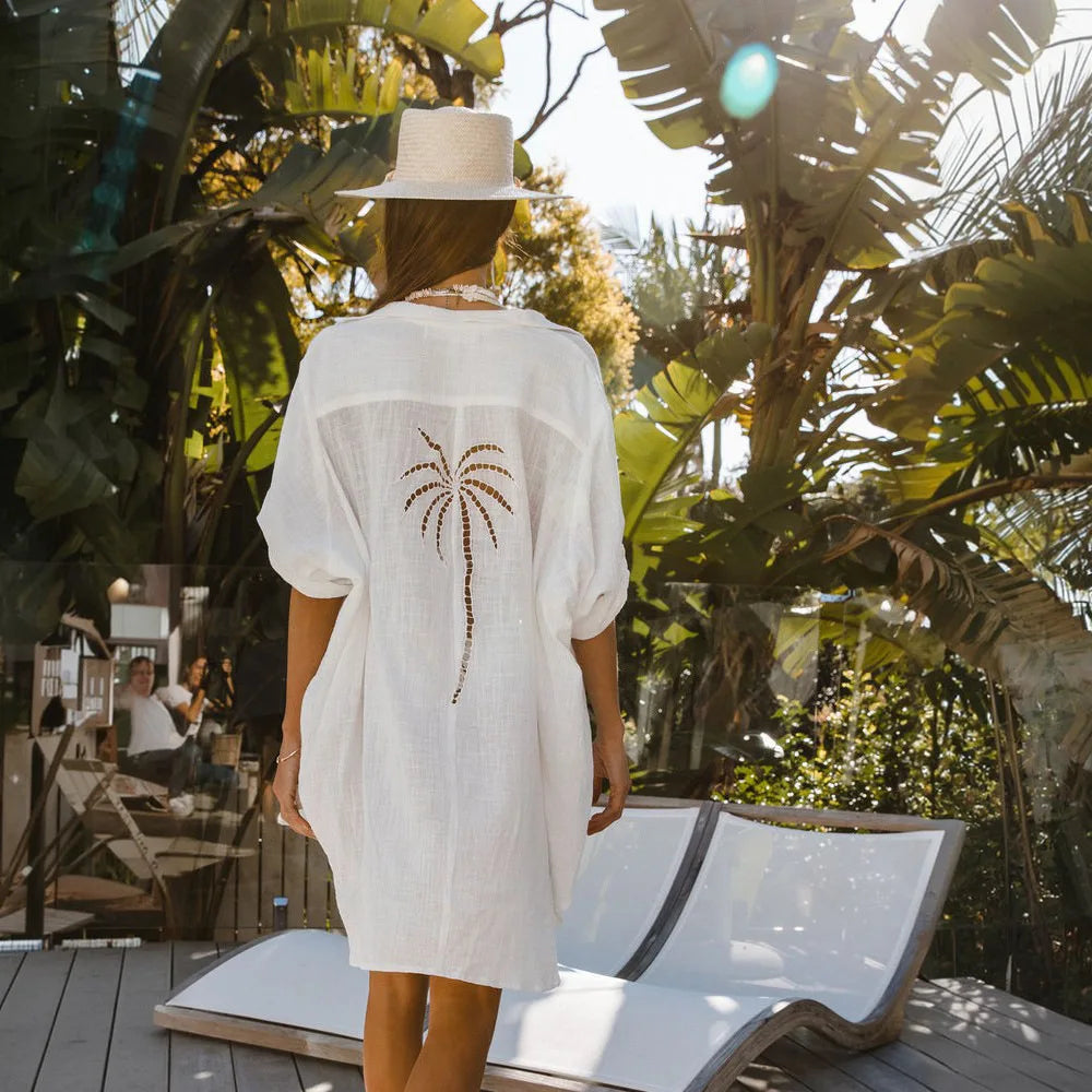 Boho Beach Shirt Dresses for Women Casual Tree Burnout Coverall Bikini Cover-ups Swimsuit Blouse Shirts Summer Robe Vestidos