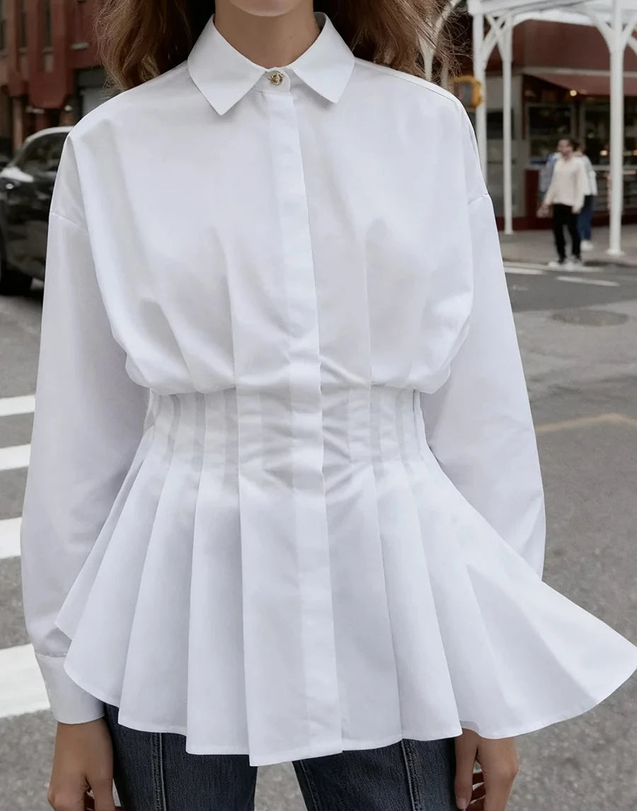 Long-sleeved Women Blouse Shirt  with A Fitted Waist and Pleated Design White 100% Cotton Casual Office Blouses Shirts Lady Tops