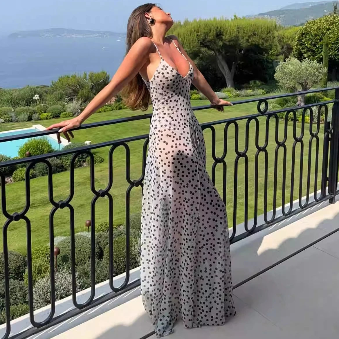 Boho Beach Wear Mesh Polka Dot Printed Maxi Dresses for Woemn Robe Sexy Deep V Neck Long Strap Dress Summer Knitted Vestidos