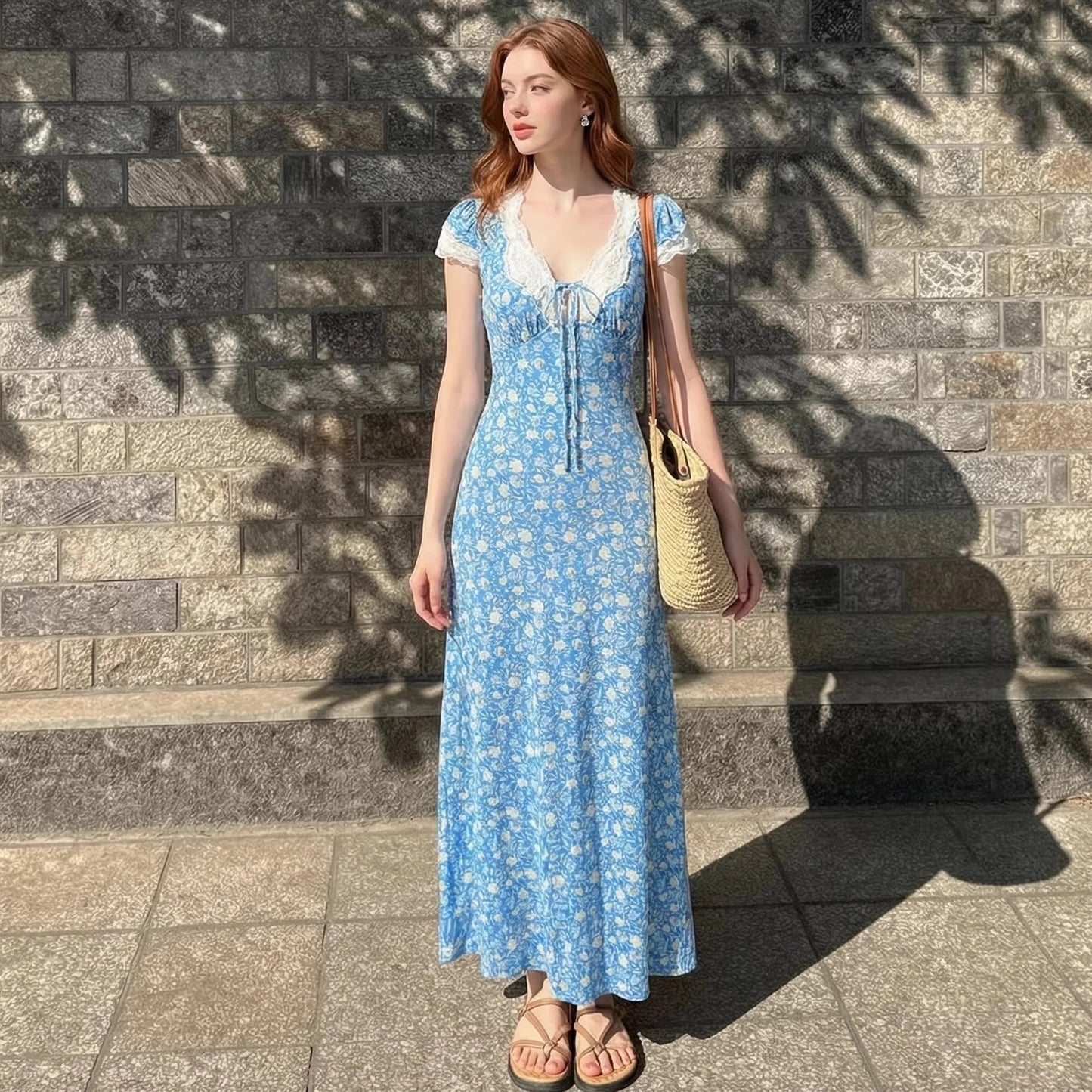Cotton Rayon Printed Elegant Lace Long Dresses for Women Robe Vintage Sexy Slim V Neck French Style Summer Dress Ladies Vestidos