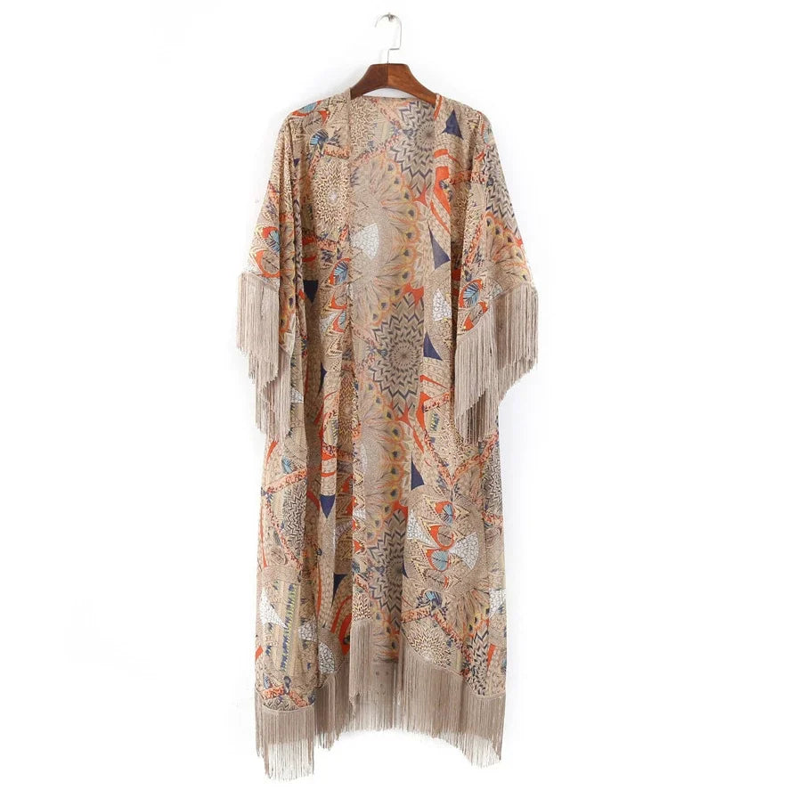 AYUALIN Boho Cover up Long Blouse Shirt Chiffon Floral Printed Kimono Kaftan Vestidos Beach Fringe Cover-Ups Robe for Women Tops