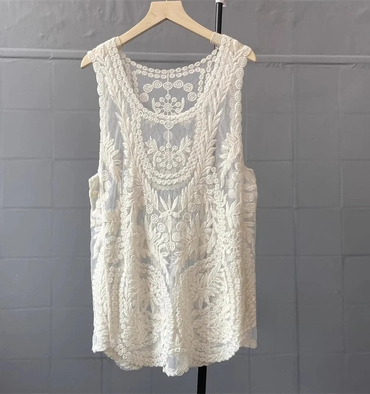 Boho Beach Cover-up Sexy Sleeveless Blouse Shirt Women Lace Top Summer Mini Vestidos Floral Embroidery T-Shirts Tank Tee Shirts