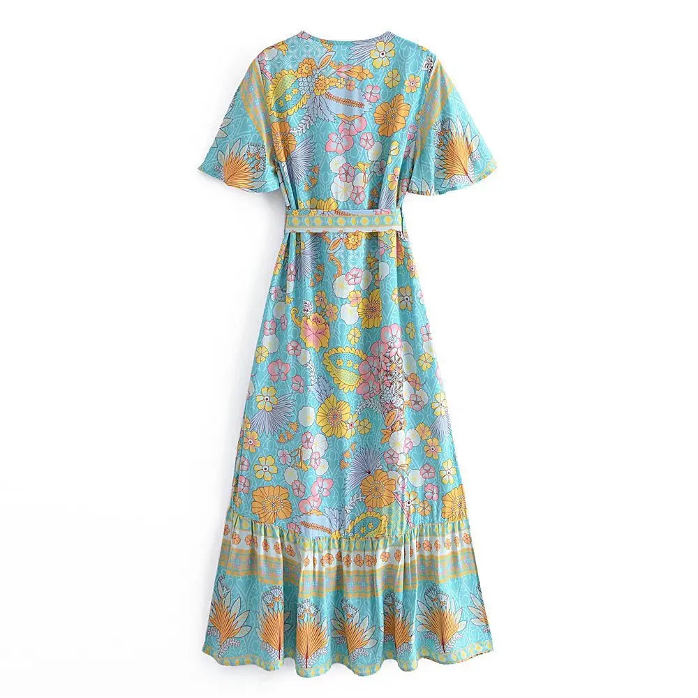 Cotton Rayon Butterfly Sleeves Maxi Dresses for Women Summer Vintage Printed Long Dress Boho Beach Wear Gypsy Robe Vestidos