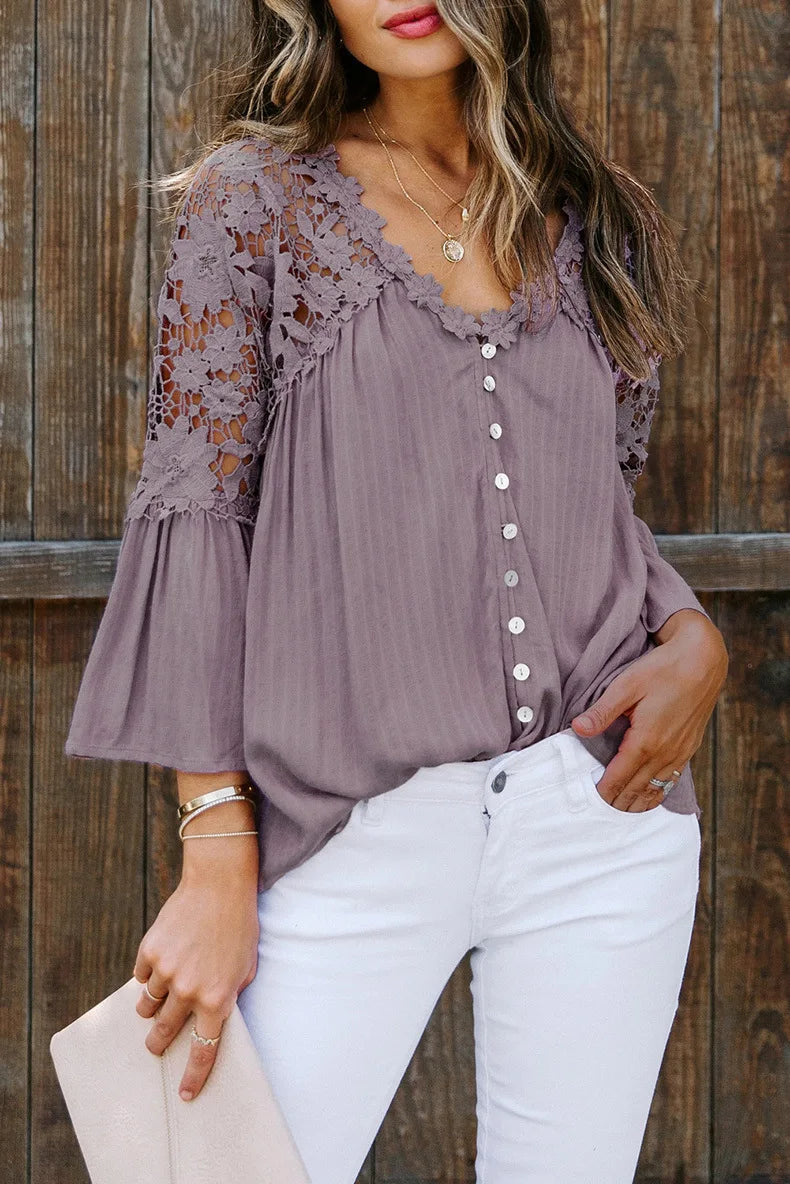 AYUALIN Hollow Out White Lace Blouses Shirt For Women Top Vintage V Neck Flare Sleeve Summer Blouse Ladies Boho Blusas boho