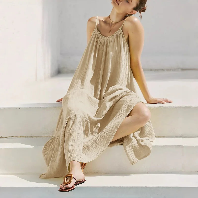 100% Cotton Bohemian Long Dress for Women Robe Casual Loose Sexy Backless Sleeveless Summer Boho Beach Wear Relaxed Vestidos