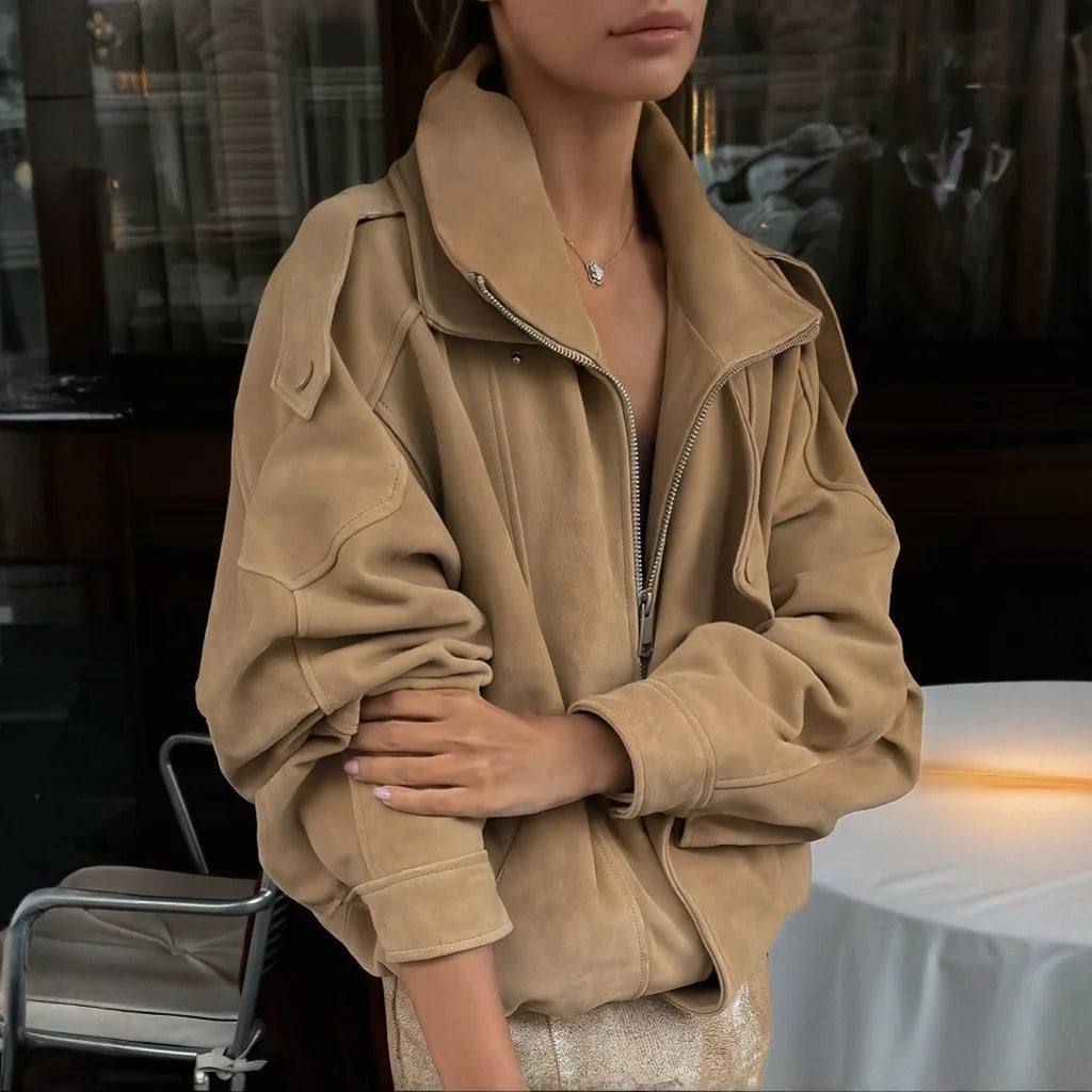 Oversize Brown Premium Suede Jacket for Women Coats Spring Autumn Long Sleeve Leather Fashion Short Jackets Casual Top Outwear