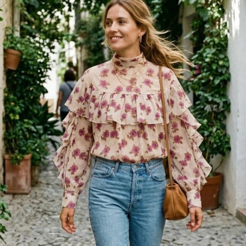 Chiffon Floral Printed Women's Blouses Shirts Vintage Long Sleeve Sweet Elegant Ruffles Blouse Shirt Spring Summer Ladies Tops