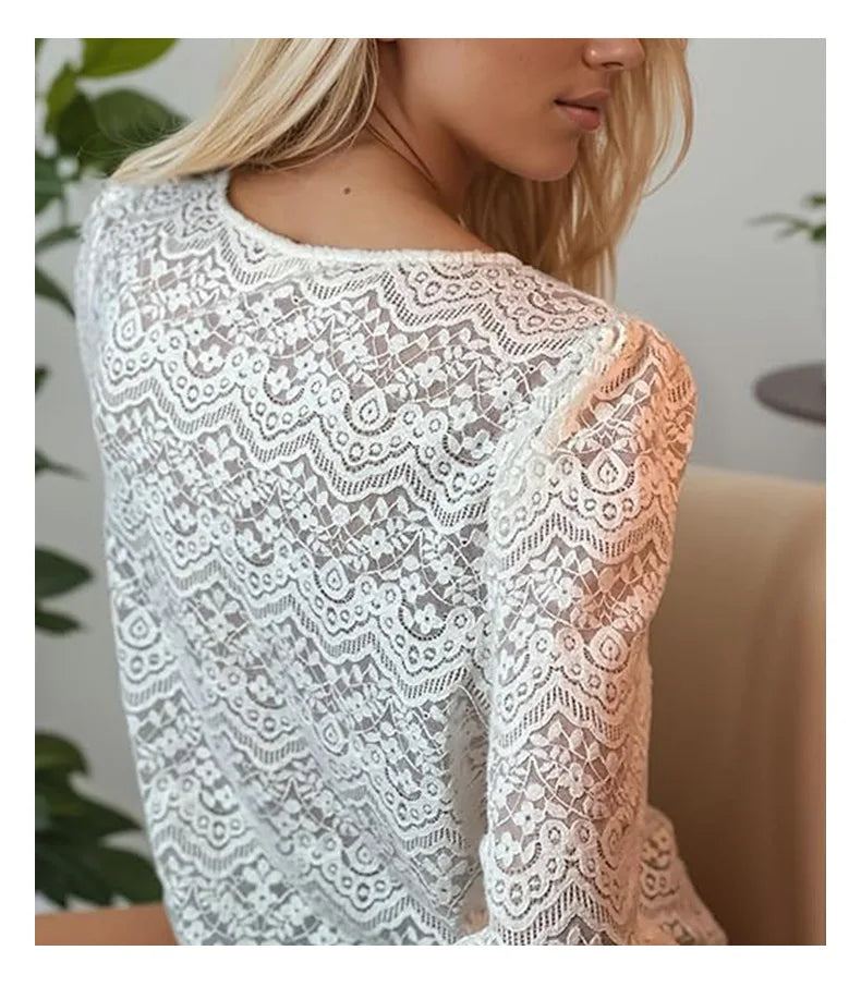 Elegant White Floral Lace Blouses Shirts For Women Boho Long Sleeve Sexy V Neck Vintage Ladies Tops Casual Blouse Shirt Blusas