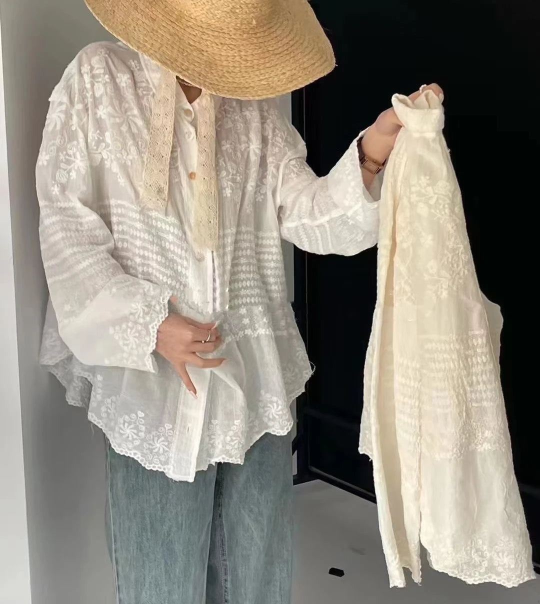 Long Sleeve Casual Boho Beach Wear Blouse White Cotton Embroidery Lace Blouses Shirts For Women Top Vintage Spring Summer Blusas