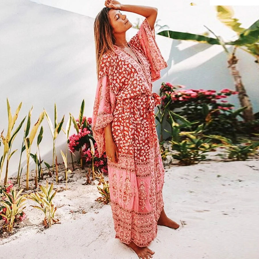AYUALIN pink Chiffon Floral Print Cover up beach wear Blouse women Vintage Kimono CardiganTops Blusas femme boho swim coverups