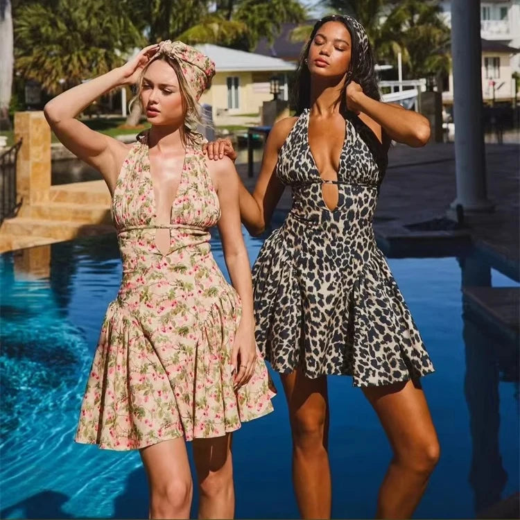 Sexy Deep V-neck Backless Mini Dresses Women Summer Cinched Waist Vintage Halter Neckline Sweet Spicy Girl  Boho Beach Dress