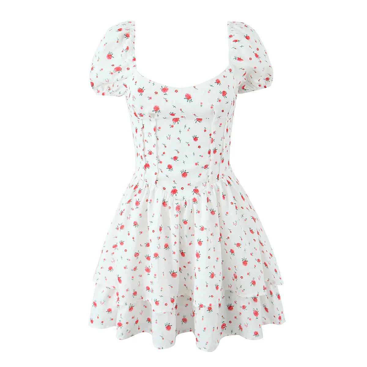 Lovely Mini Dresses for Women Summer Vintage Sexy V Neck Short Puff Sleeve Lace-up Back Waist Print Dress Party Female Vestidos