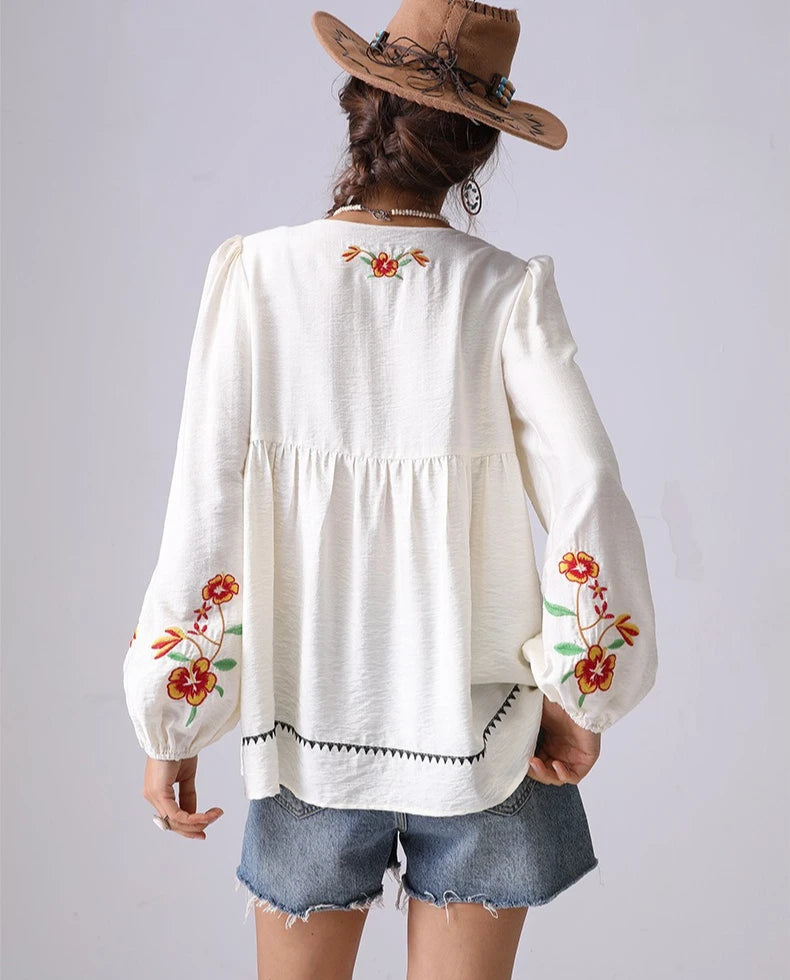 Ethnic Floral Embroidery Blouses Shirts For Women Top Casual V-neck Tassel Long Sleeve Boho Beach Blouse Spring Summer blusas