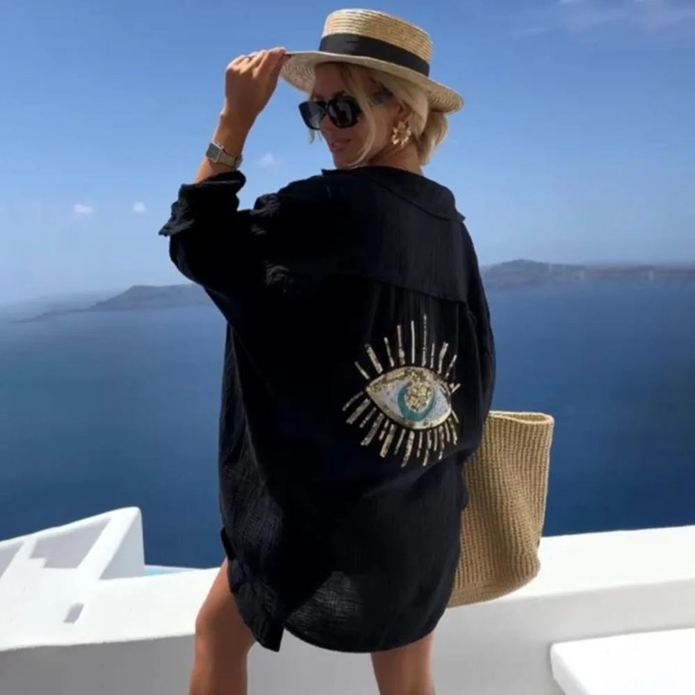 Oversize Loose  Women's Blouses Shirts Casual V-neck Sequin Embroidery Long Sleeve Spring Summer Blouse Boho Beach Cover-up Tops