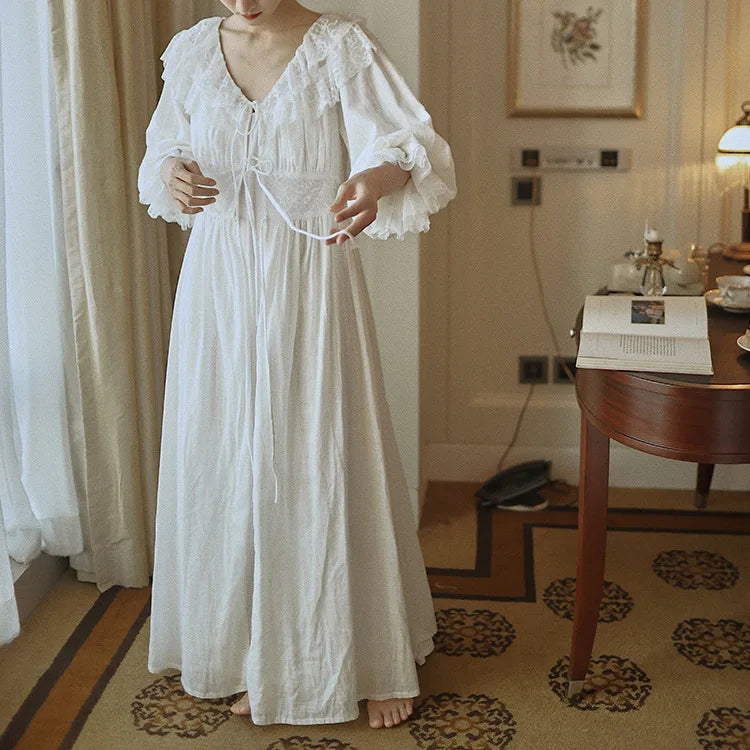 Gypsy Boho Lace Puff Long Sleeve Dresses Women Vintage 100%cotton Loose Sleepwear Dress Good Night Spring Summer Vestidos Robe