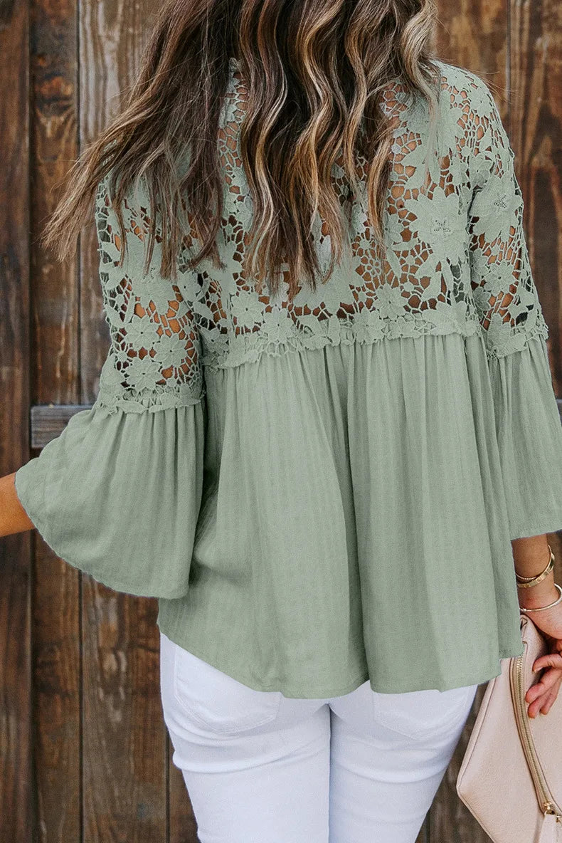 AYUALIN Hollow Out White Lace Blouses Shirt For Women Top Vintage V Neck Flare Sleeve Summer Blouse Ladies Boho Blusas boho