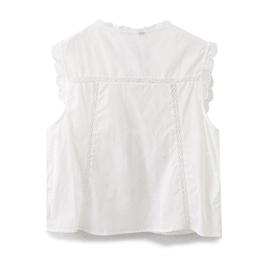 Sleeveless Lace-up Summer Blouse  Cotton Floral Embroidered lace Blouses Shirts Women Tops Vintage Boho Beach Wear Casual Blusas
