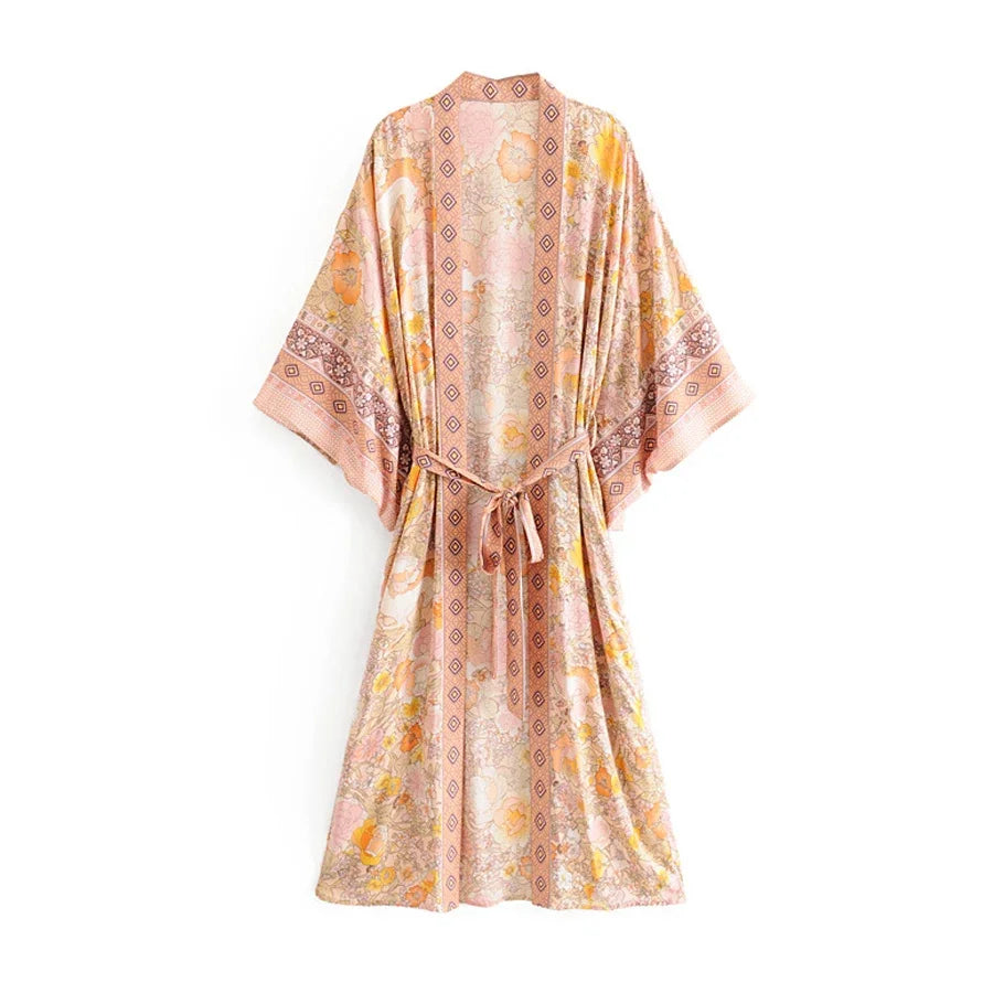 AYUALIN Kimono Cardigan Gypsy Robe for Women Floral Print Flare Sleeve Boho Blouse Shirt Beach Wear Long Summer Blouses Blusas
