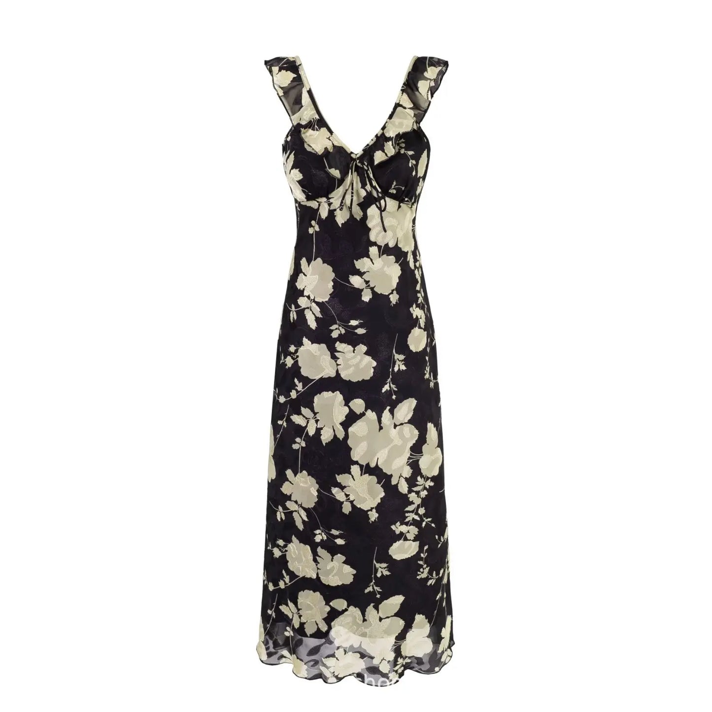 Chiffon Floral Print Long Dresses Women Elegant Slim Sweet Summer Dress Sexy Ruffles V-neck Strappy Vestidos Ladies Party Robe