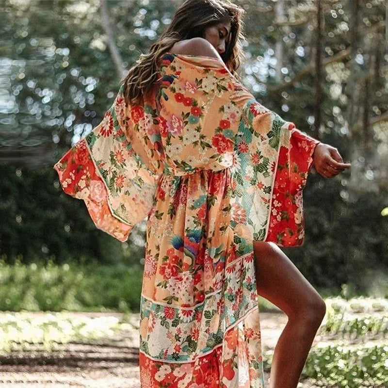 AYUALIN Red Chiffon Floral Print Long Women Dress Boho Beach Cover Up Robe Cover Ups Mujer Bikini Beachwear Tunic Kaftan Dresses