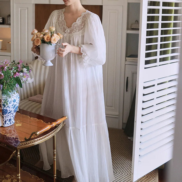 Elegant Cotton V Neck Lace Dresses Women Nightgowns White Casual A-line Loose Spring Summer Long Dress Bohemian Robe Vestidos