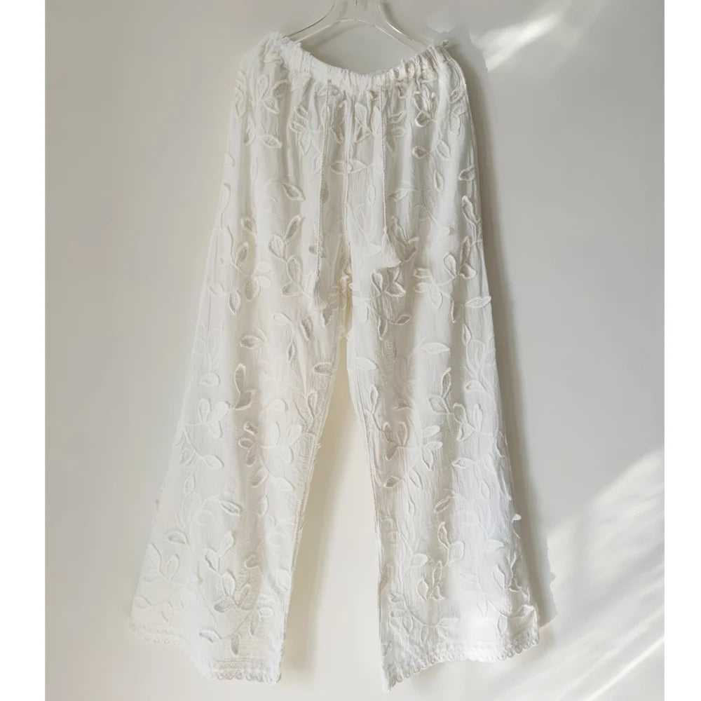 Boho Long Sleeved Blouse Shirt Wide Leg Pants Lace Women Suit White Cotton Foral Jacquard 2 pieces Set Lazy Loose Casual Outfits
