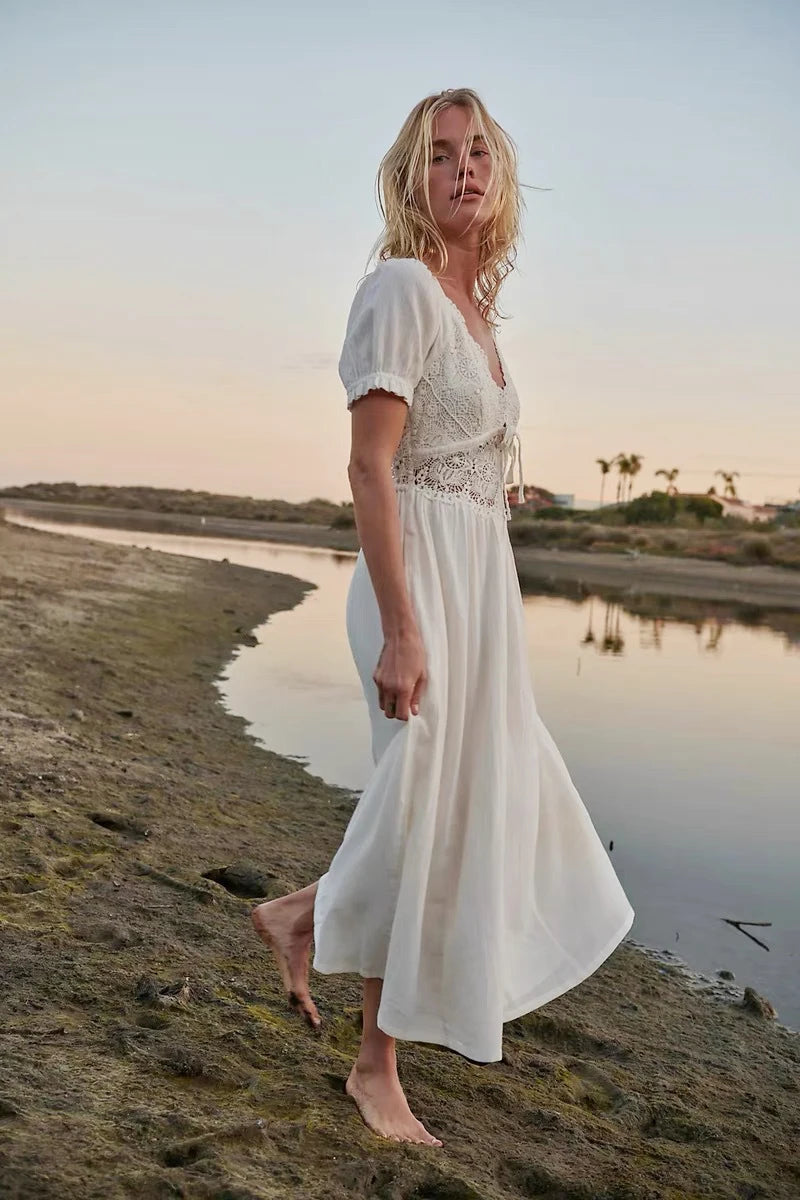 100%cotton Sexy Deep V Neck Backless Hollow Out Lace Maxi Dress Women's Robe Vacation Dresses Summer Boho Beach Ladies Vestidos