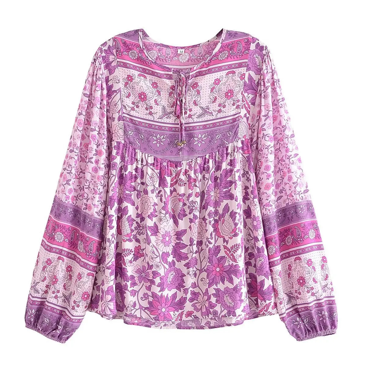 Boho Beach Rayon Floral Printed  Blouse Shirt for Women Tassel V Neck Long-sleeve Loose Gypsy Summer Blouses Shirts Ladies Tops