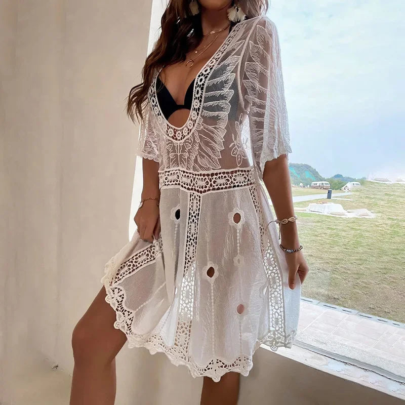AYUALIN White Lace Cardigan See Through Long Blouse Women Bikini Cover Up Vintage Sexy Boho Beach Summer Vestido Smock Robe