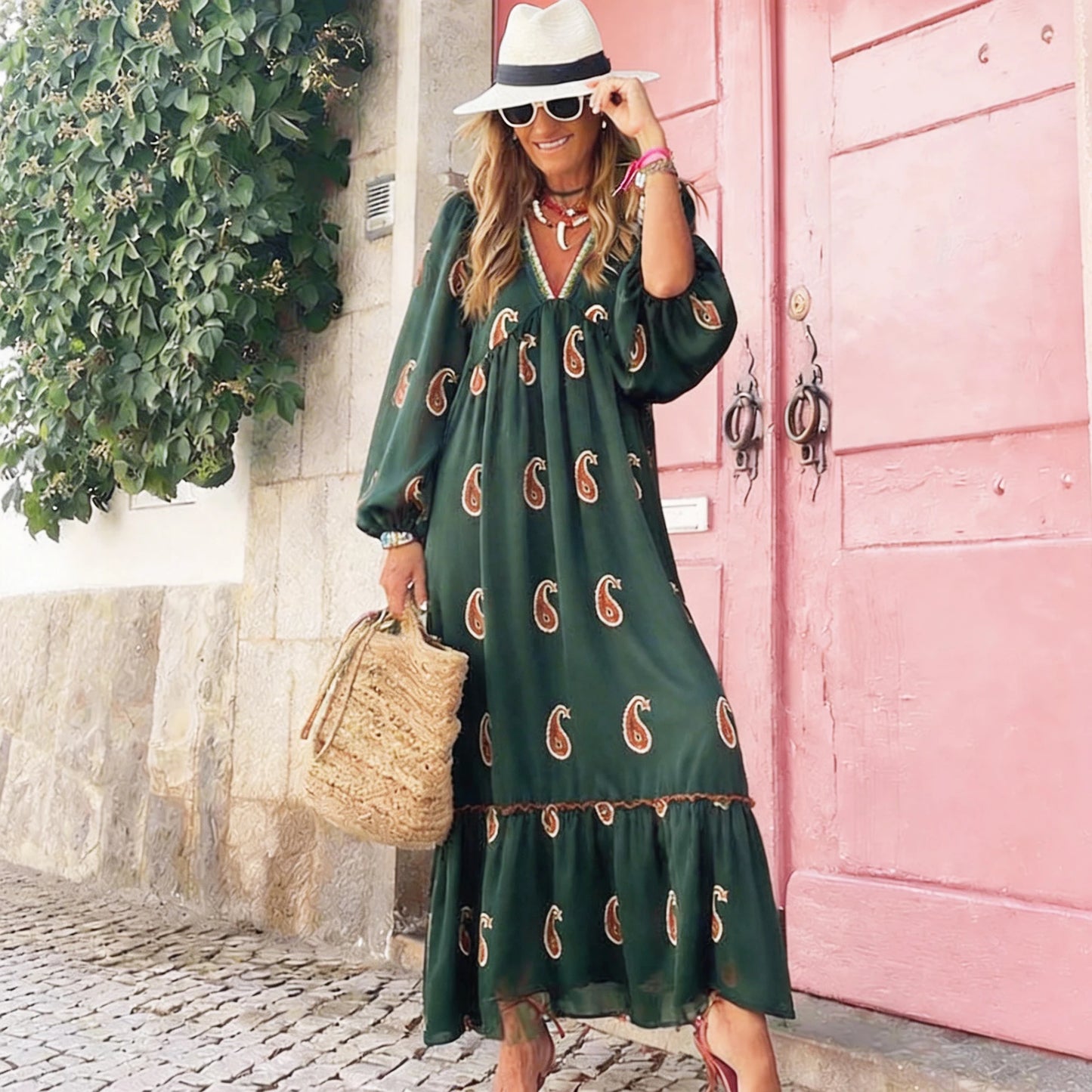 Rayon Maxi Dresses Women Vintage Spring Women's Lantern Long Sleeve Deep V Neck Dress Floral Printed Loose A-line Boho Beach