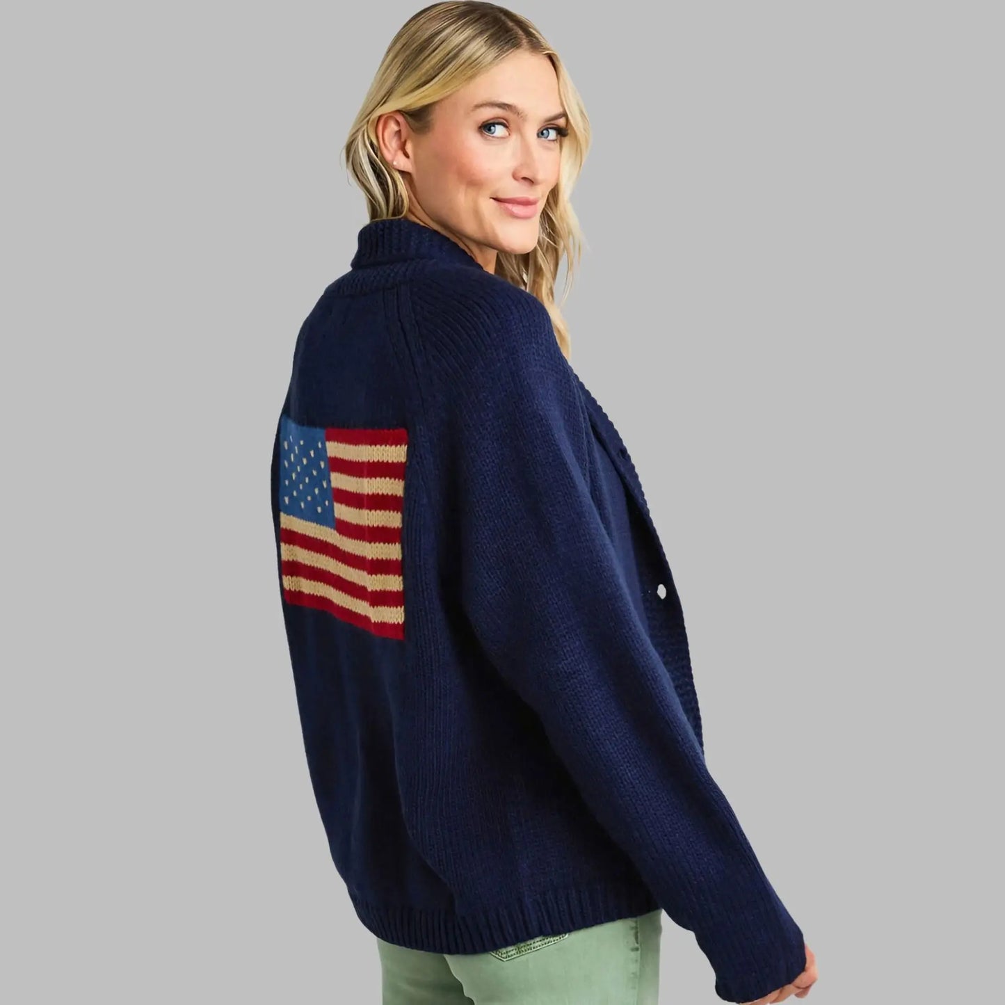 Casual Autumn Winter Warm Flag Pattern Sweaters Cardigan Jumpers Loose Long Sleeved V-neck Boho Beach Sweater for Women Coats