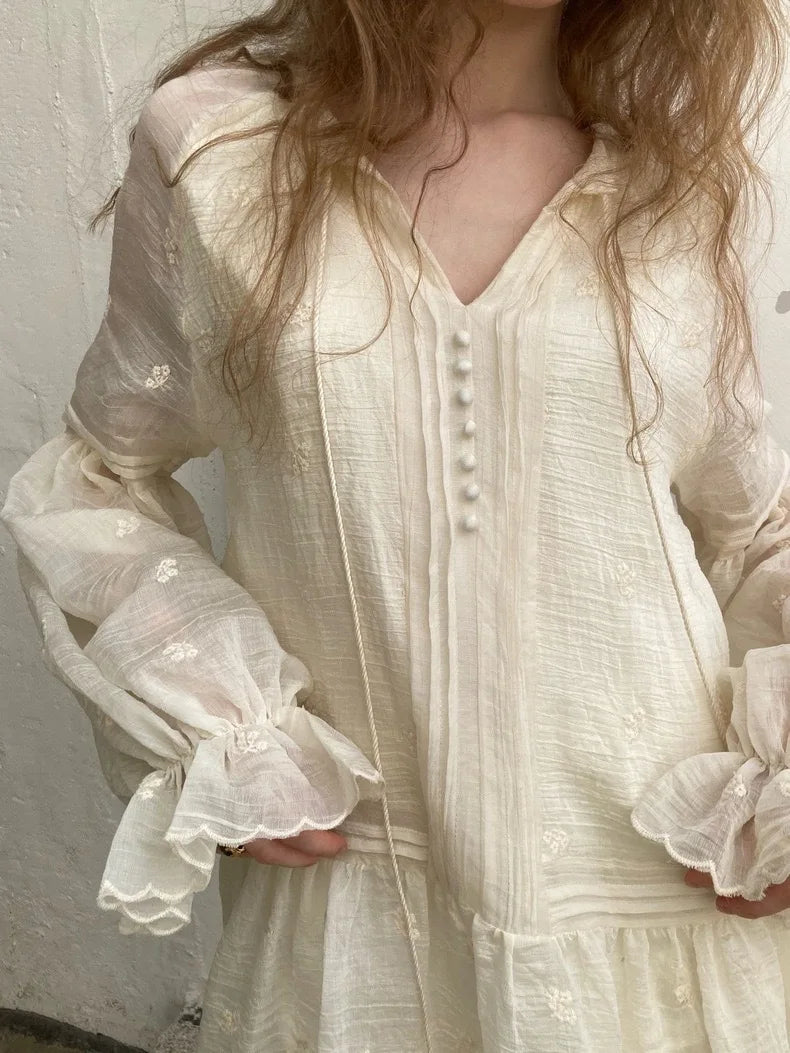 Romantic Bohemian Mini Dress Lightweight Semi-sheer Floral Embroidery Tassel Tie Tiered Hem Bishop Sleeves Dresses Women Robe