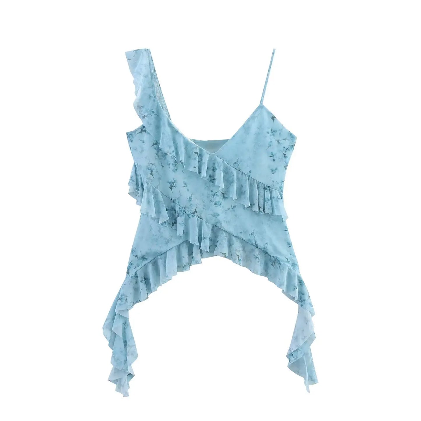 Boho Mesh Floral Printed Tank Top Women Camis Ruffles Sleeveless Sexy Deep V Neck Knitted Camis Strap Blouse Summer Mesh Tops