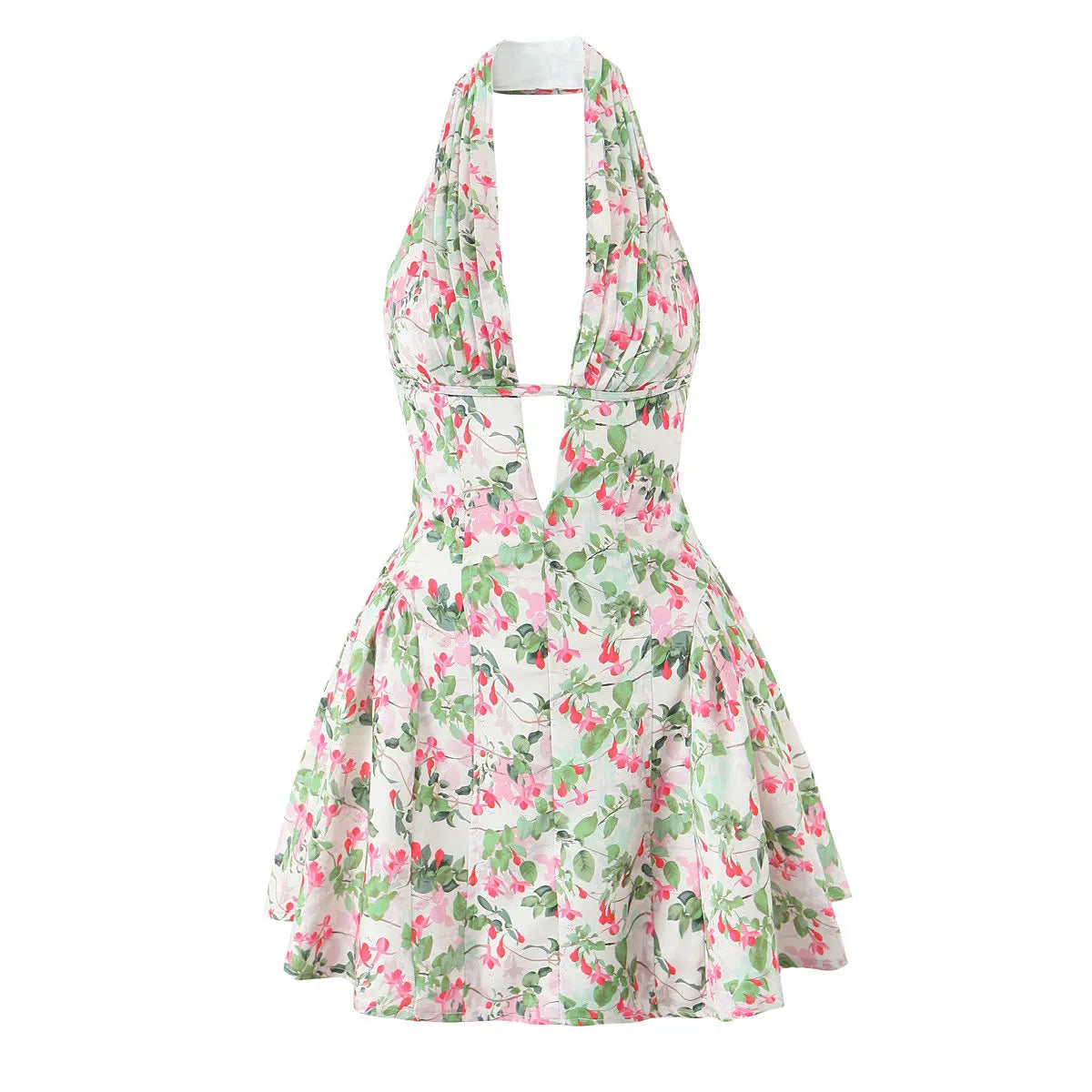 Sexy Deep V-neck Backless Mini Dresses Women Summer Cinched Waist Vintage Halter Neckline Sweet Spicy Girl  Boho Beach Dress
