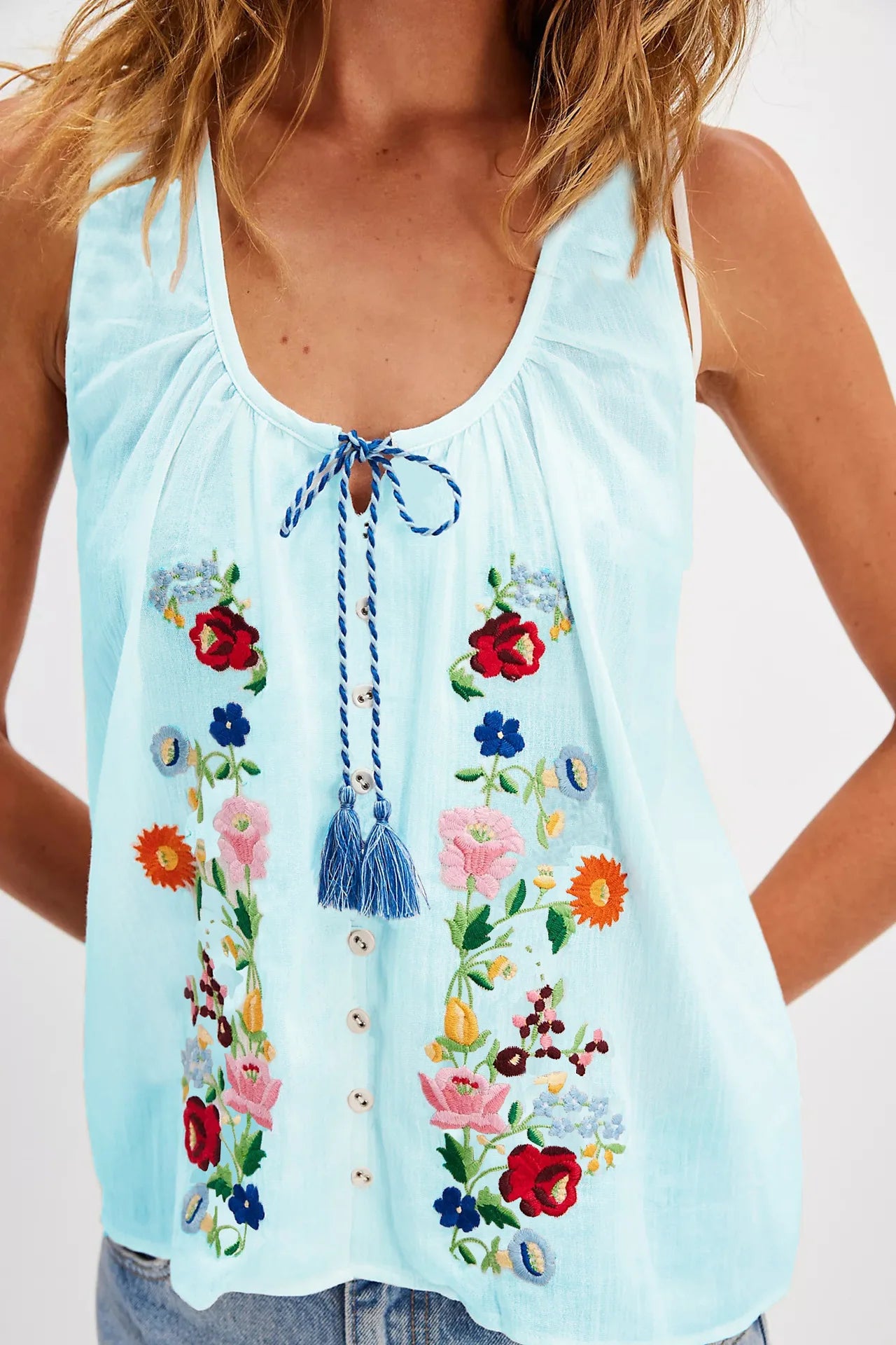Cotton Floral Embroidered Tank Top Sleeveless Blouses Shirts for Women Casual Tassel Summer Blouse Boho Beach Camis Blusas Tops