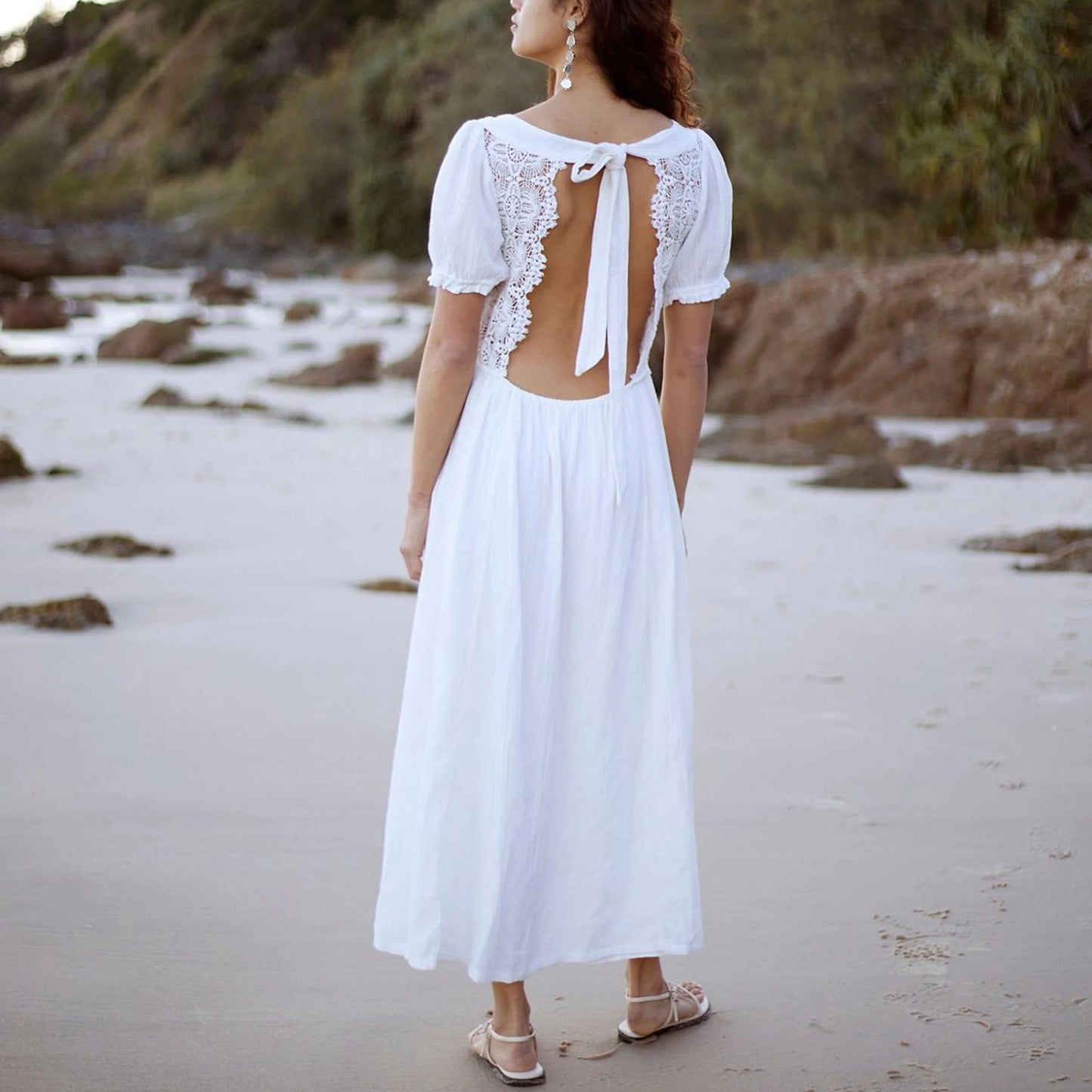 100%cotton Sexy Deep V Neck Backless Hollow Out Lace Maxi Dress Women's Robe Vacation Dresses Summer Boho Beach Ladies Vestidos