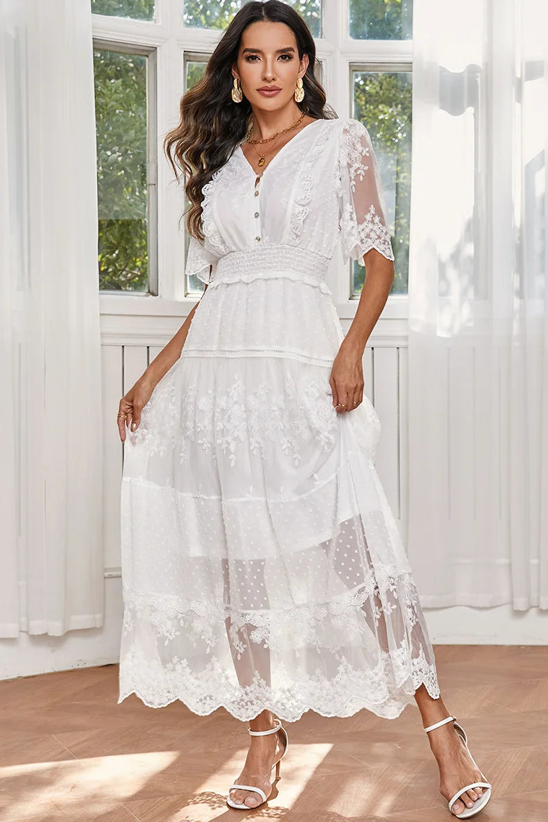 Bohemia Lace Maxi Dresses Women Party Vintage V Neck Elastic Waist Summer Dress Soft Chiffon Ruffles Boho Beach Ladies Vestidos