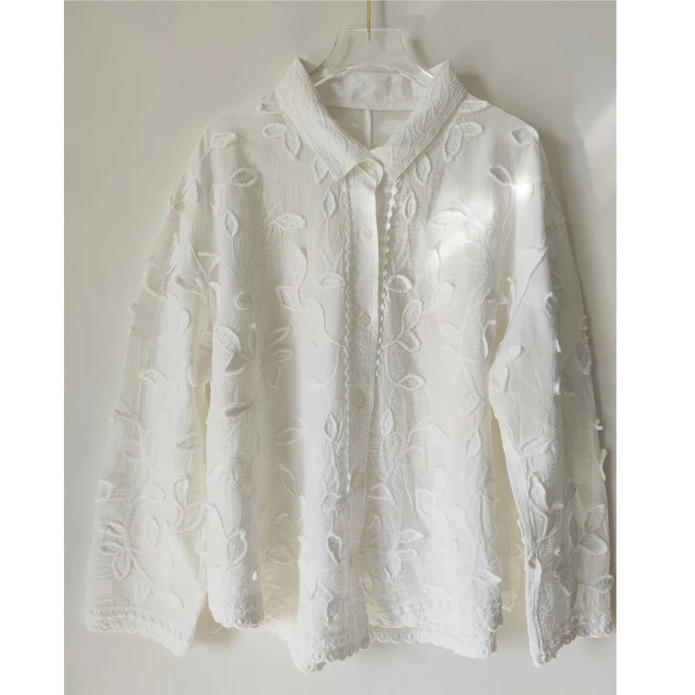 Boho Long Sleeved Blouse Shirt Wide Leg Pants Lace Women Suit White Cotton Foral Jacquard 2 pieces Set Lazy Loose Casual Outfits