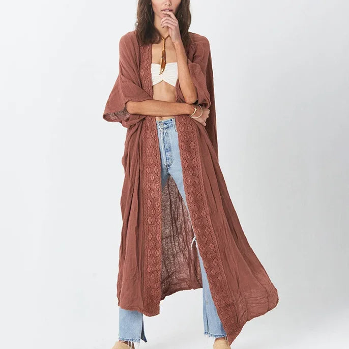 Cotton Rayon Boho Beach Wear Bikini Swim Cover Up Women Kimono Robe Summer Vintage dress Boho Splice lace Loose Long Blouse