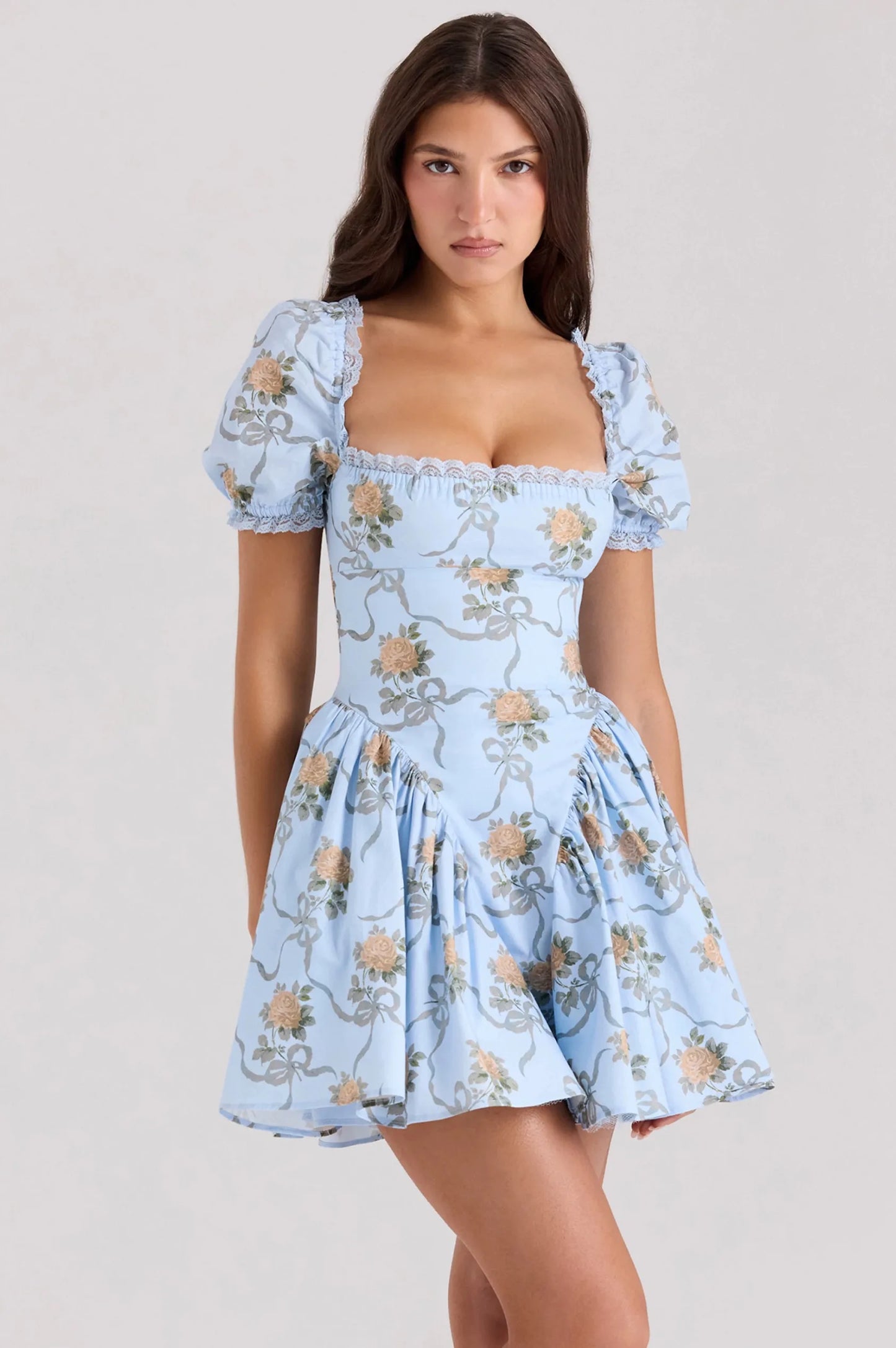 Lovely Mini Dresses for Women Summer Vintage Sexy V Neck Short Puff Sleeve Lace-up Back Waist Print Dress Party Female Vestidos