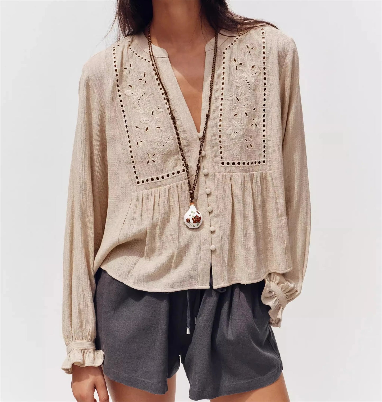 Floral Embroidery Cotton Blouses Shirts for Women Tops Casual Lantern Long Sleeve Boho Beach Blouse Shirt Spring Autumn Blusas