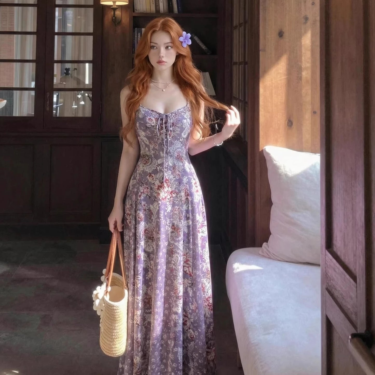 Bohemian Strappy Dresses for Women Summer Cotton Rayon Lavender Floral Printed Sexy Sleeveless Dress Boho Beach Robe Vestidos
