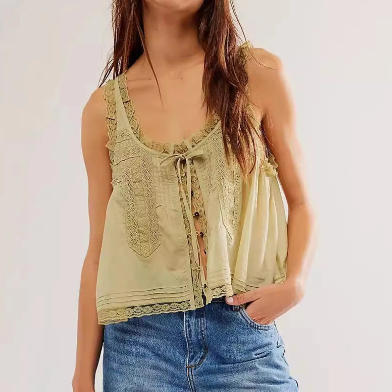 Light Cotton Splicing lace Blouses Shirts Women Sleeveless Tank Tops  Summer Boho Beach Wear  Loose Casual Ladies Blusas Camis