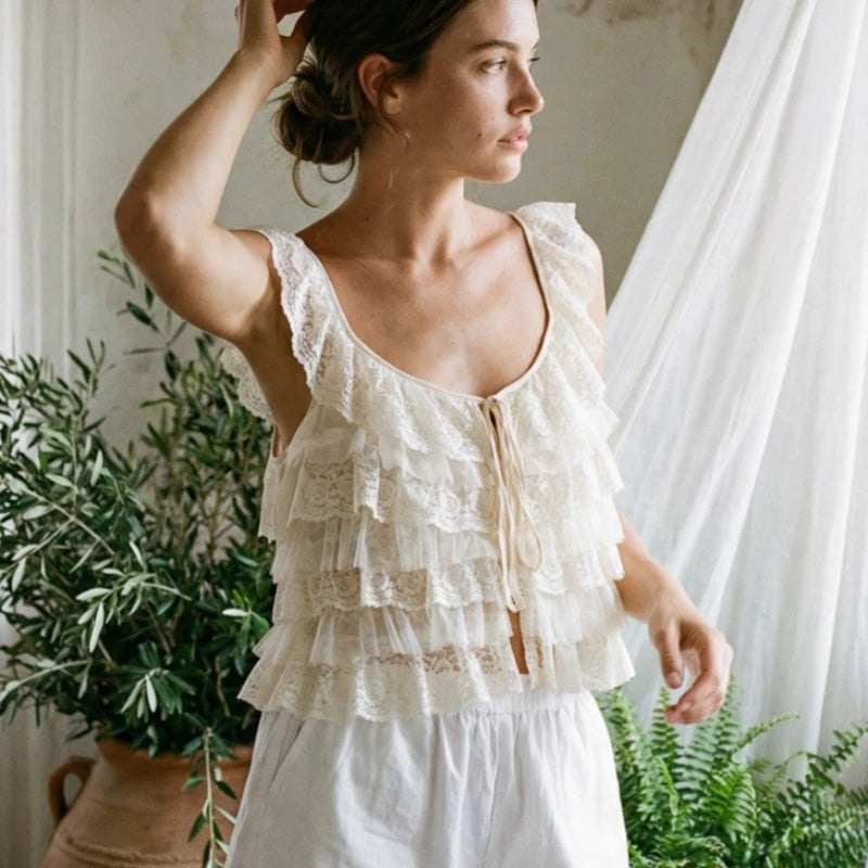 Creamy Lace Ruffled Layered Strappy Top Women Blouses Vintage Sleeveless O Neck Cropped Camisole Boho Beach Sheer Tanks Tops