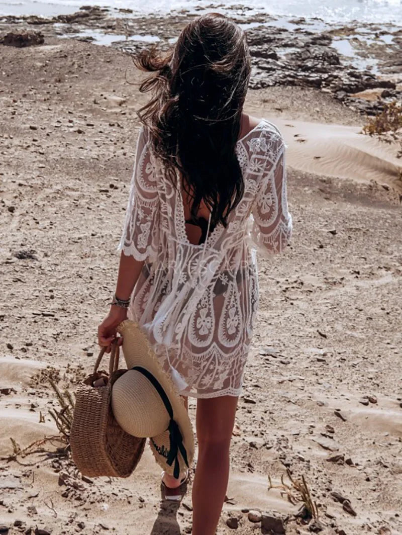 AYUALIN Sheer Lace Mini Dresses Women Vintage White Cotton Floral Embroidery Sexy Boho Beach Bikini Cover Up Summer Tunic Robe
