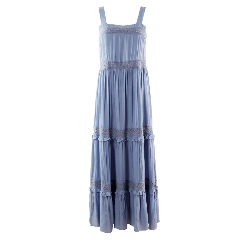 Bohemia White Cotton Lace Strap Long Dresses Women Vintage Casual Sleeveless Strap Dress Summer Holiday Boho Beach Party Robe